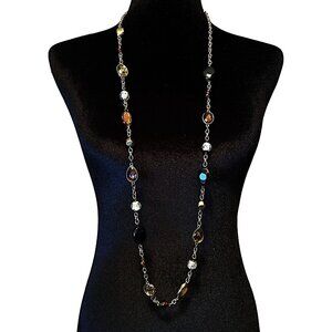 Charming Charlie Long Necklace Gold Tone Animal Print Brown Glass Acrylic Beads
